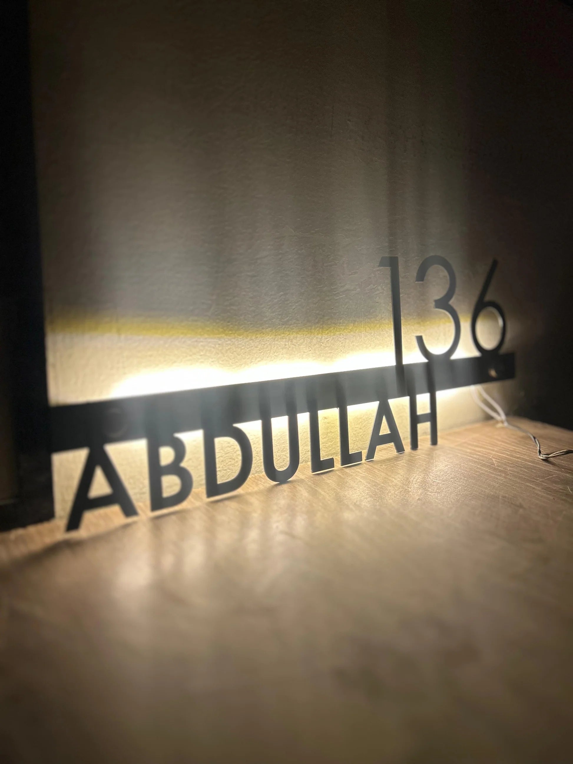 Modern LED Backlit Metal House Number Sign – Custom Matte Black MS Iron Name & Address Plaque