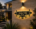 Ornamental LED Metal House Name Plate – Custom Villa Name Sign | Premium Matte Black MS Iron