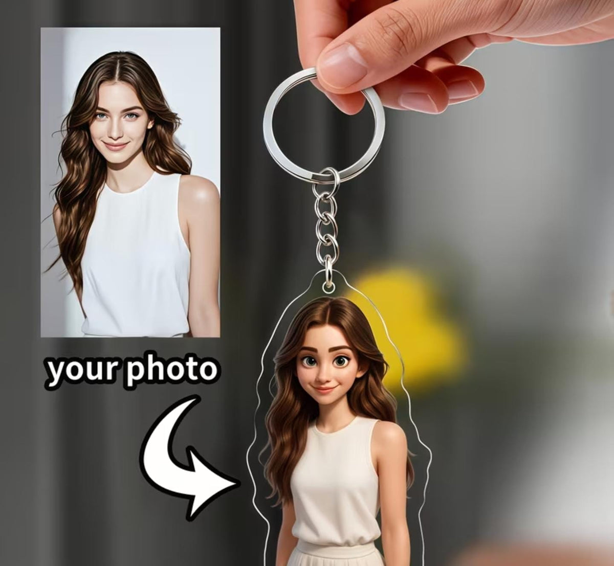 Custom Photo Cartoon Animation Style Keychain- Personalized Keychain, Modern Fun Art, Suitable for Kitchen Decoration, Family Photos, and Unique Gift Ideas, Custom Keychain, Elegant Souvenir for Weddings, Birthdays, Mother's Day, Valentine's Day